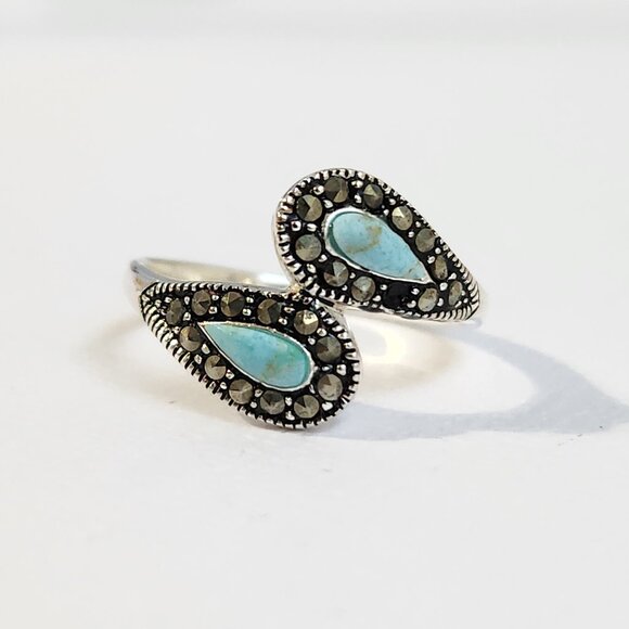 Estate Jewelry - 1990's Signed 925 Silver Classic Turquoise & Marcasite Ring Size 7